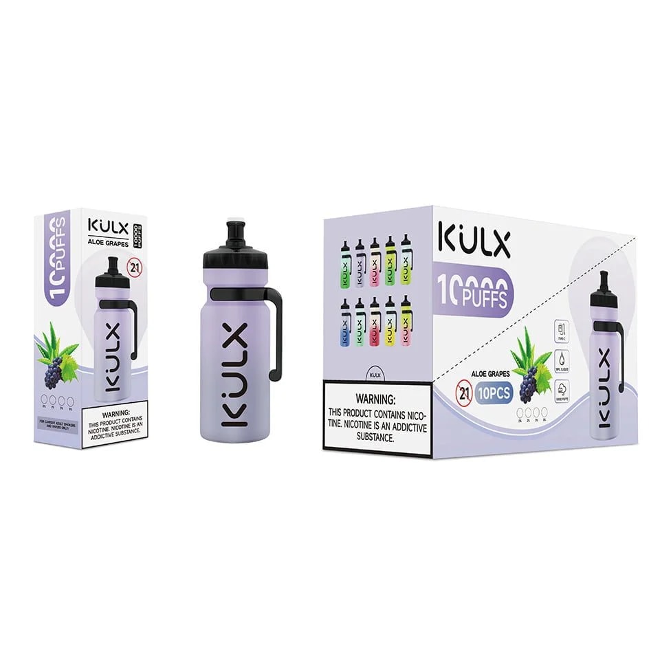„KULX 10000 Puffs Einweg-Vape-Verpackung mit Aloe-Trauben-Geschmack und Warnung vor Nikotinsucht.“