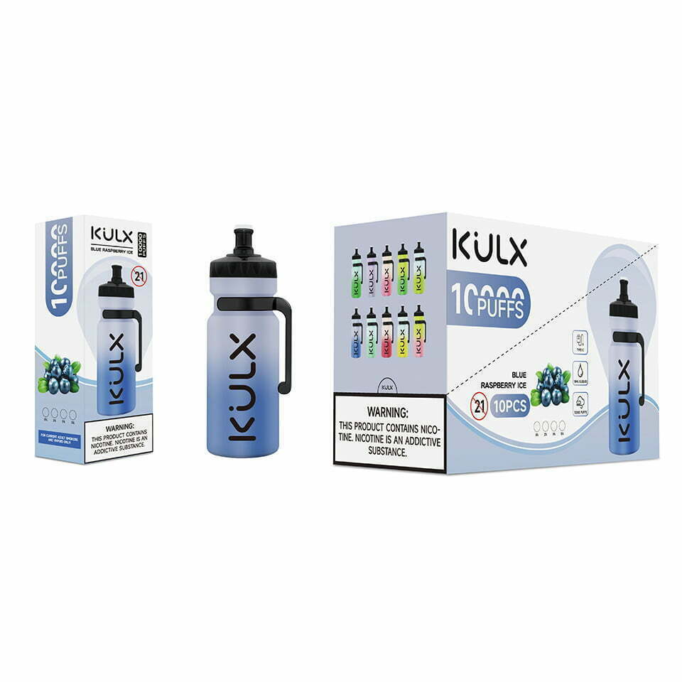 Ein Vape-Gerät in Form einer Wasserflasche mit der Marke "KULX" und einer Verpackung mit blauem Farbverlauf und der Aufschrift "10.000 Puffs", die ein Blaubeergeschmacksthema und Nikotinwarnhinweise enthält.