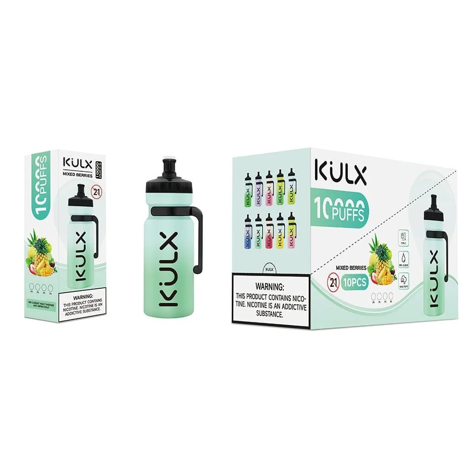 Ein grünes Einweg-Vaporizer „KULX“ mit der Aufschrift „10.000 Züge“ und dem Geschmack „Gemischte Beeren“, abgebildet auf der Verpackung mit Fruchtillustrationen und einer Nikotinwarnung.