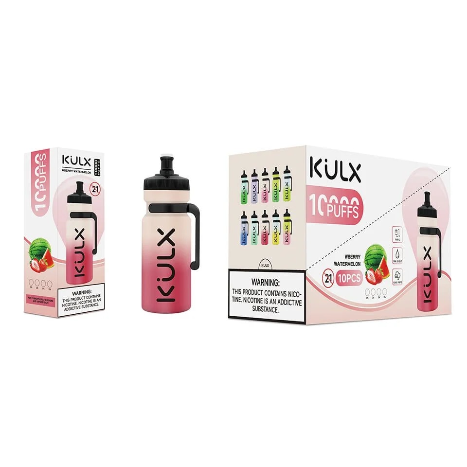 Ein Einweg-Vaporizer in Flaschenform mit der Aufschrift „KULX“, der 10.000 Züge mit Webberry-Wassermelonengeschmack bietet und auf dessen Verpackung Produktdetails und Warnhinweise zu sehen sind.