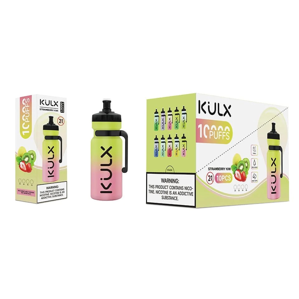 Ein farbenfrohes Vape-Gerät in Form einer Wasserflasche mit einem Farbverlauf von Grün nach Pink wird neben seiner Verpackung präsentiert, die Fruchtgrafiken und Warnhinweise zum Thema Nikotin enthält.