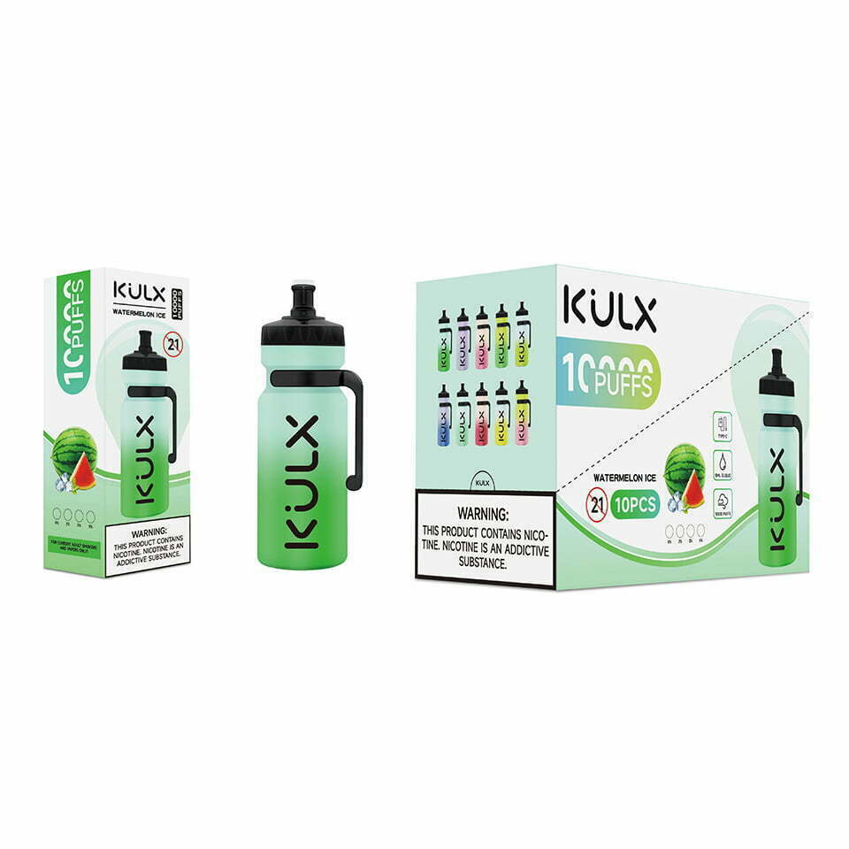 Verpackung und Produktpräsentation für KULX Watermelon Ice Vape im Design einer Wasserflasche mit 10.000 Zügen, Altersbeschränkung ab 21 Jahren und Nikotinwarnung.