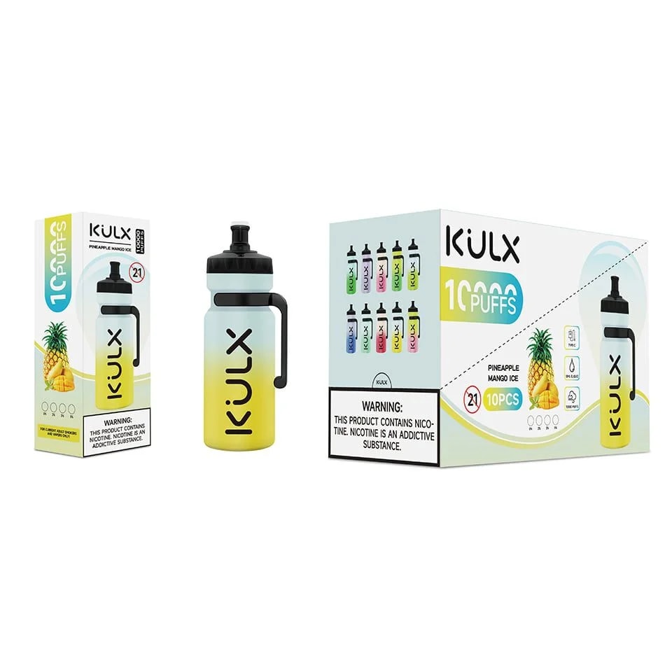 Ein Ananas-Mango-Eis-Wegwerf-Vaporizer in Form einer Wasserflasche der Marke "KULX" mit einer Verpackung, auf der "10.000 Puffs" und eine Nikotinwarnung angegeben sind.