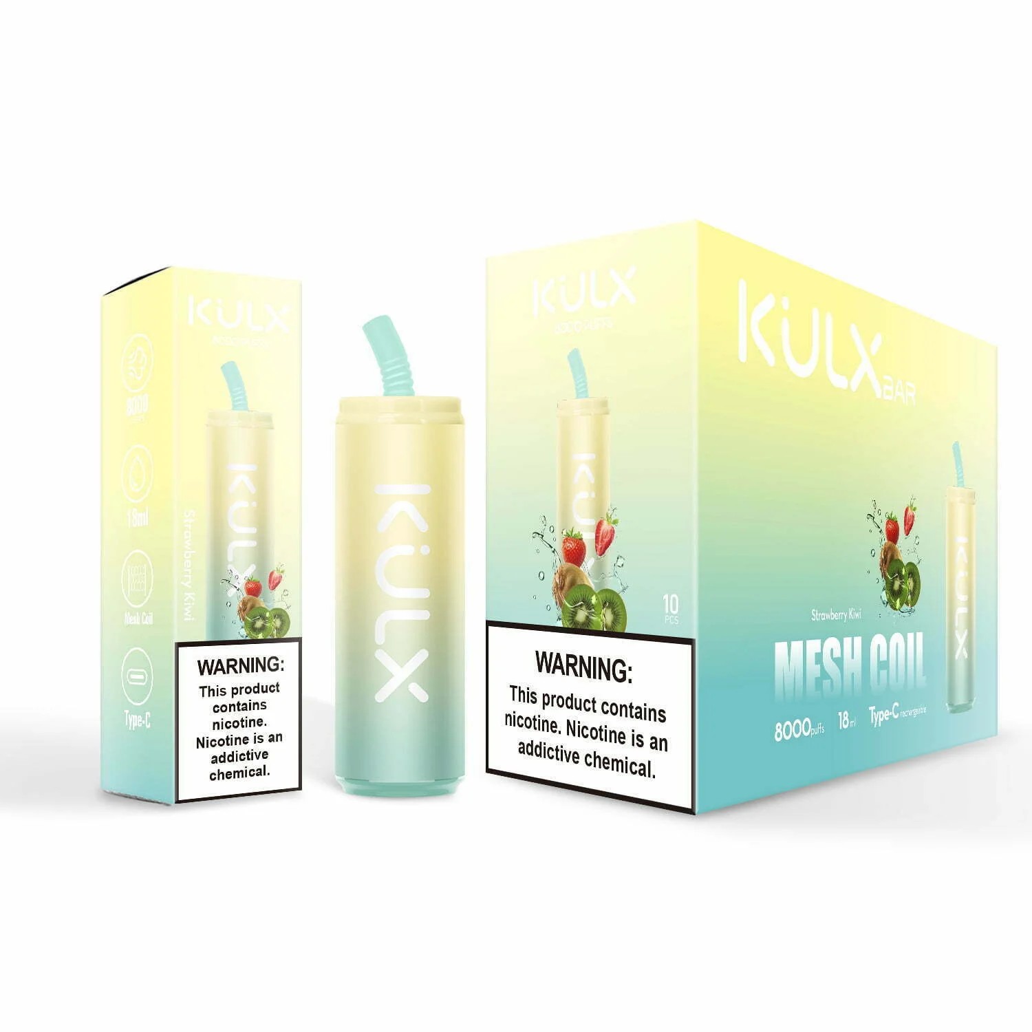 KULX Bar disposable vape packaging and device featuring Strawberry Kiwi flavor, with 8000 puffs, mesh coil technology, Type-C charging, and a nicotine warning prominently displayed.