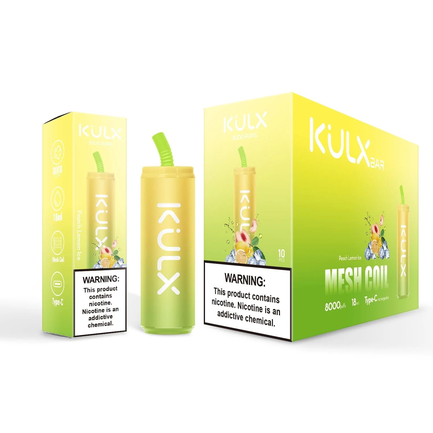 Kulx Bar vape device and packaging in yellow-green gradient design with "Peach Lemon Ice" flavor, labeled "Mesh Coil" and "8000 puffs," displaying a nicotine warning.