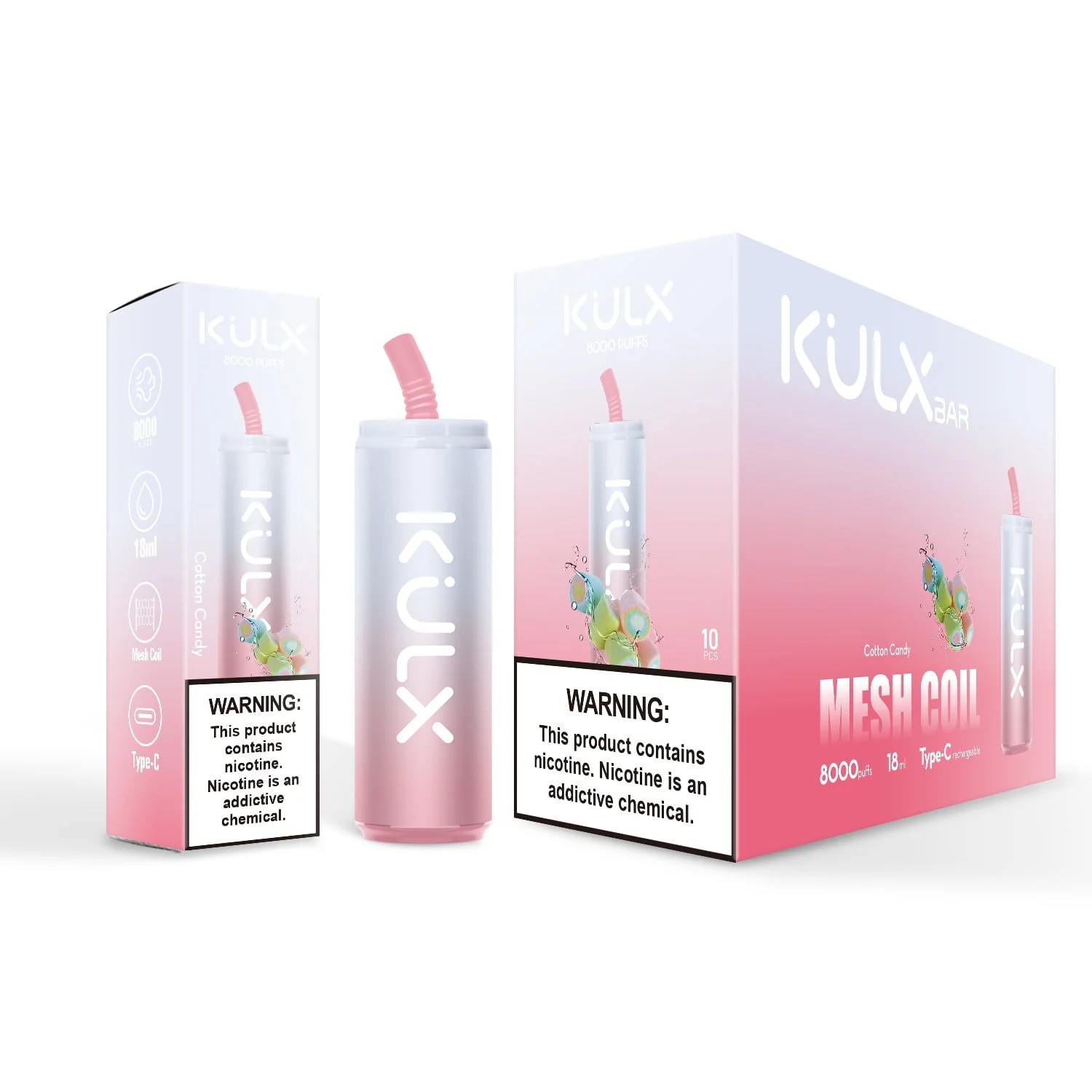 Packaging of KULX disposable vape, featuring a cylinder design, pink gradient color, and "Cotton Candy" flavor. Includes warnings about nicotine and details like 8000 puffs, 18ml capacity, mesh coil, and Type-C charging.