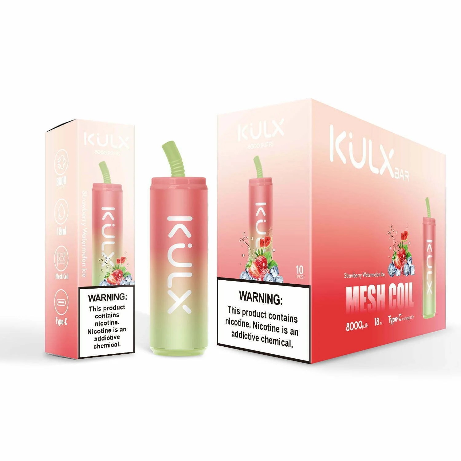 "KULX Bar 8000 Puffs disposable vape packaging featuring Strawberry Watermelon Ice flavor with mesh coil and nicotine warning."