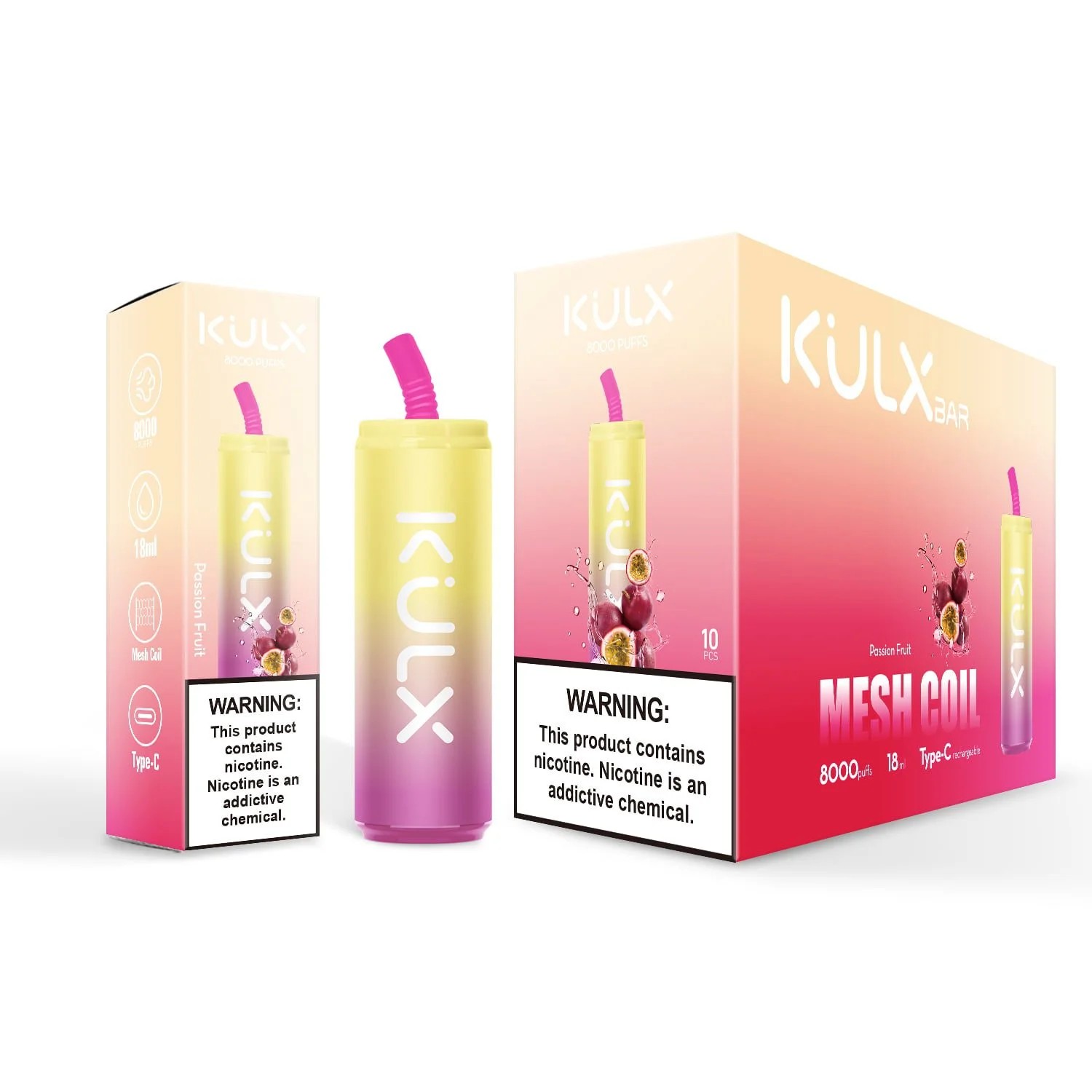 "KULX Bar 8000 Puffs disposable vape packaging featuring Passion Fruit flavor with mesh coil and nicotine warning."