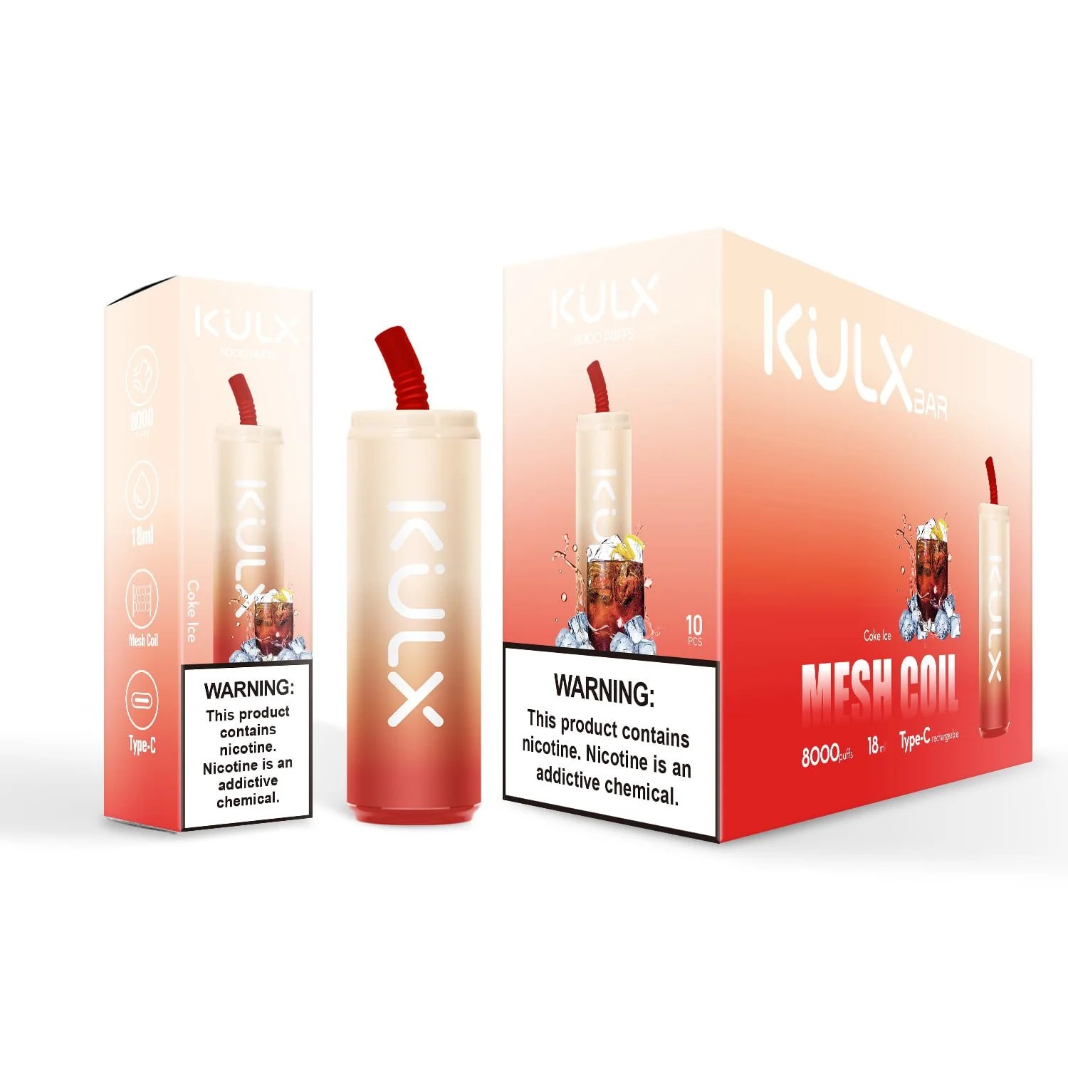 KULX disposable vape device and packaging featuring "Mesh Coil," "8000 Puffs," "Cola Ice" flavor, and "Type-C" charging, with a nicotine warning prominently displayed.