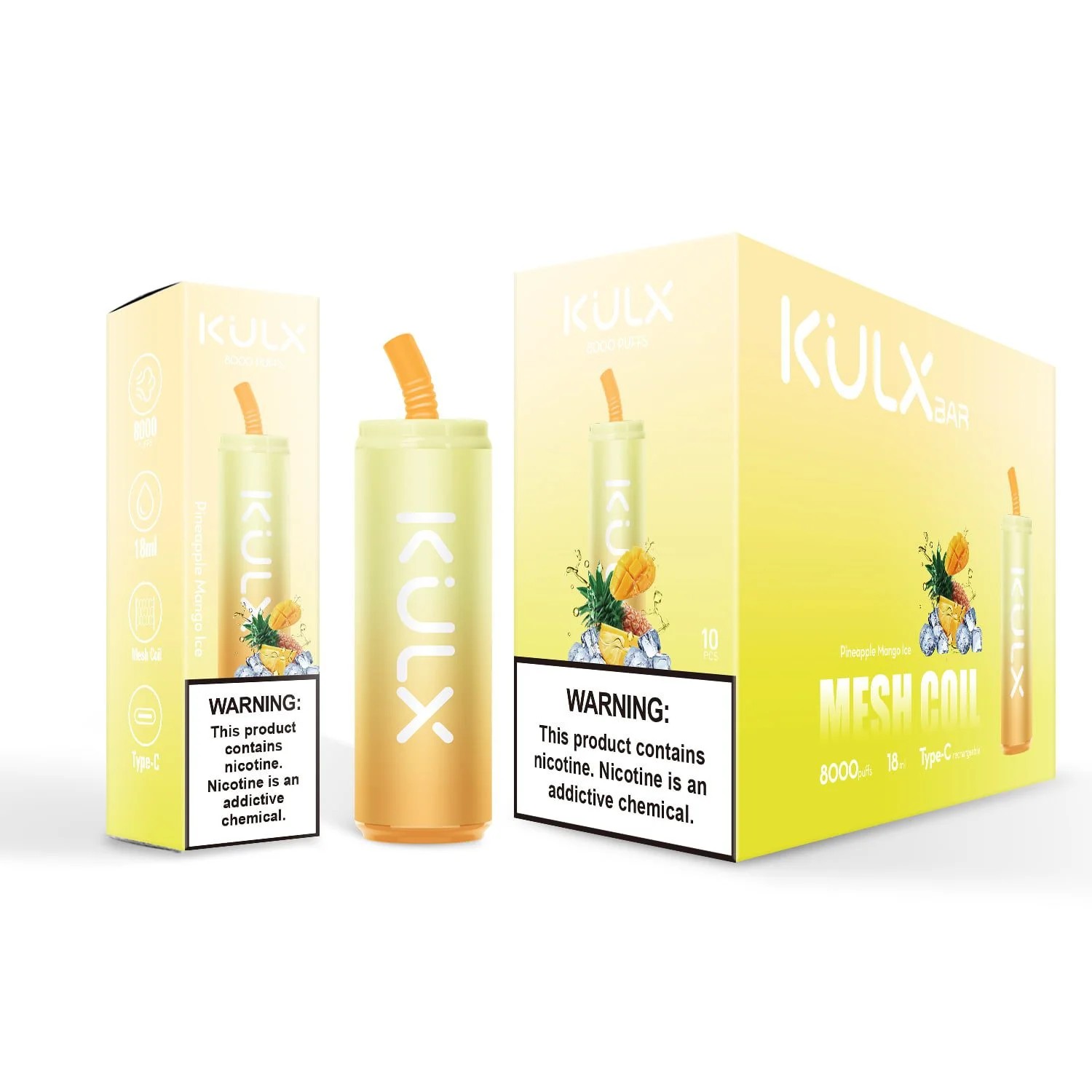 Packaging and product display for KULX Bar Pineapple Mango Ice vape, featuring 8000 puffs, mesh coil technology, Type-C charging, and a nicotine warning.