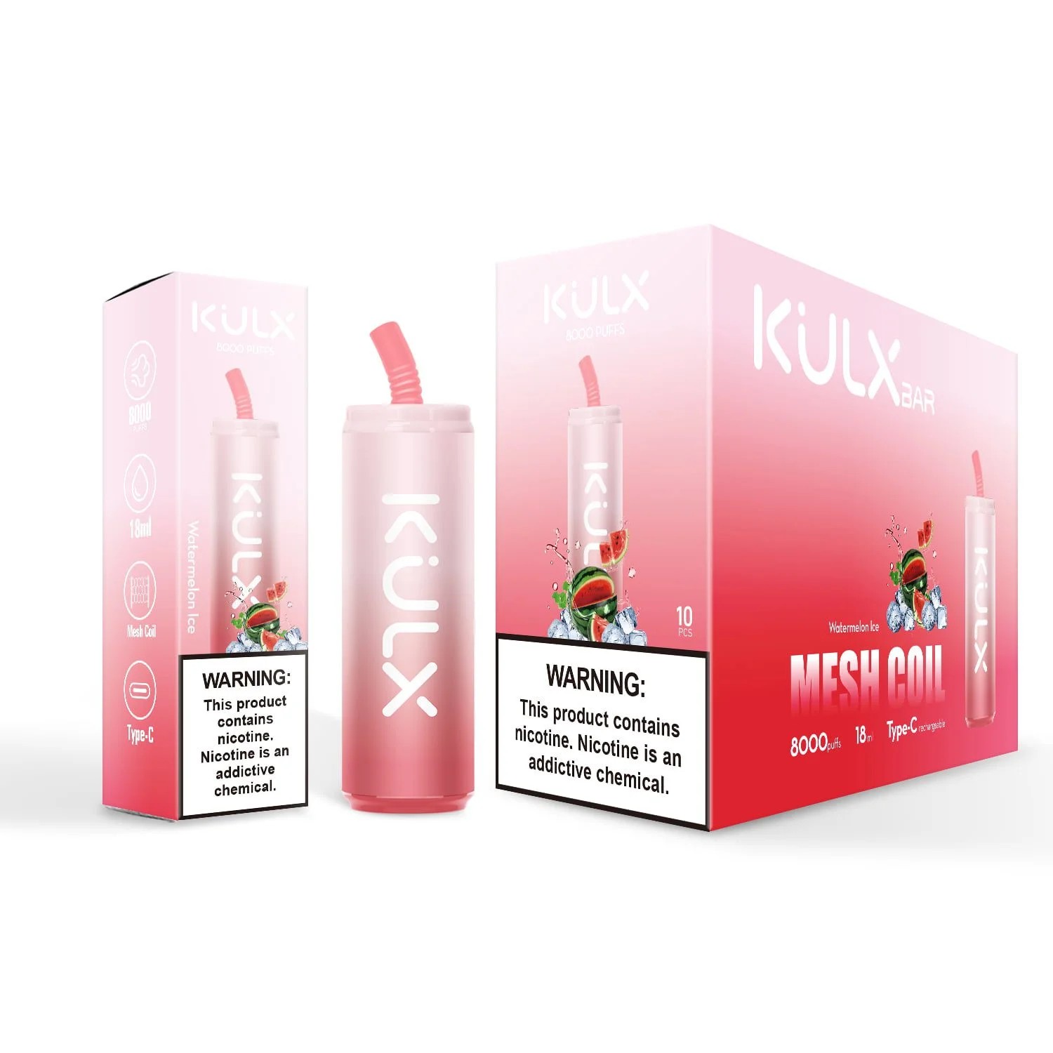 Kulx Bar vape device and packaging in pink gradient design featuring "Watermelon Ice" flavor, labeled "Mesh Coil" and "8000 puffs," with a nicotine warning displayed.