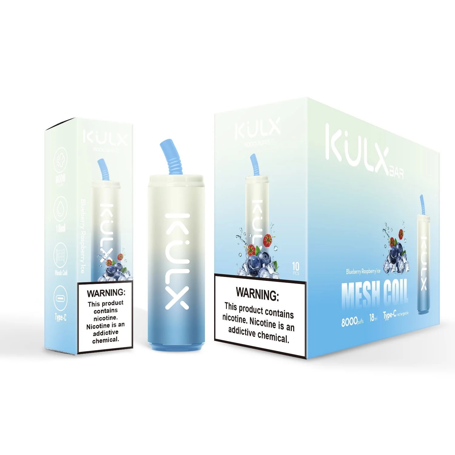A KULX disposable vape device and packaging featuring "Blueberry Raspberry Ice" flavor, labeled with a warning about nicotine being an addictive chemical.