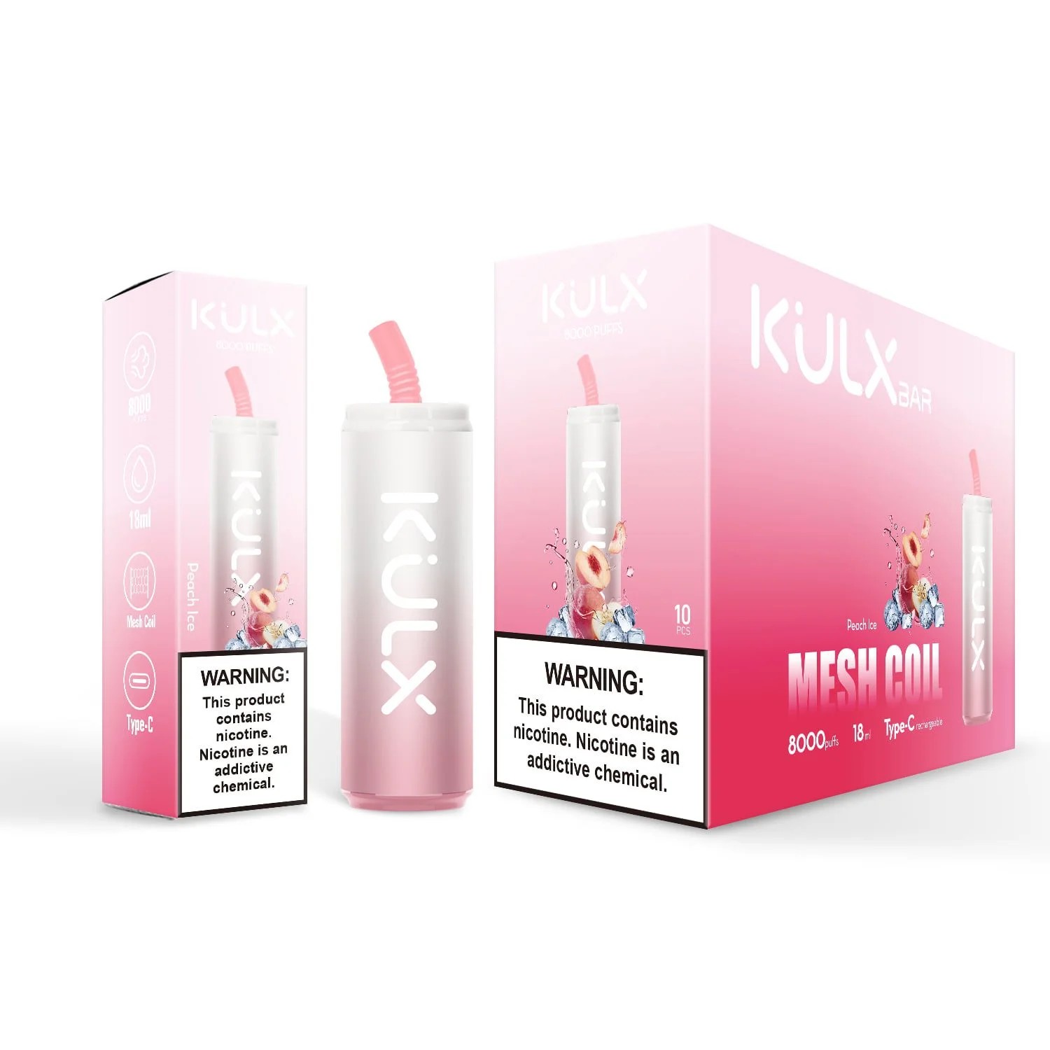 A pink disposable vape labeled "KULX" with peach ice flavor, featuring a mesh coil, Type-C charging, 8000 puffs, and nicotine warning text on the packaging.