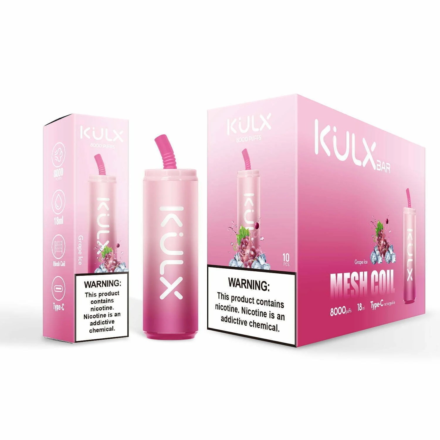 A pink vape device next to its packaging, featuring the brand name "KULX," with the flavor "Grape Ice" displayed. The box includes a warning about nicotine and informs that it contains mesh coils.