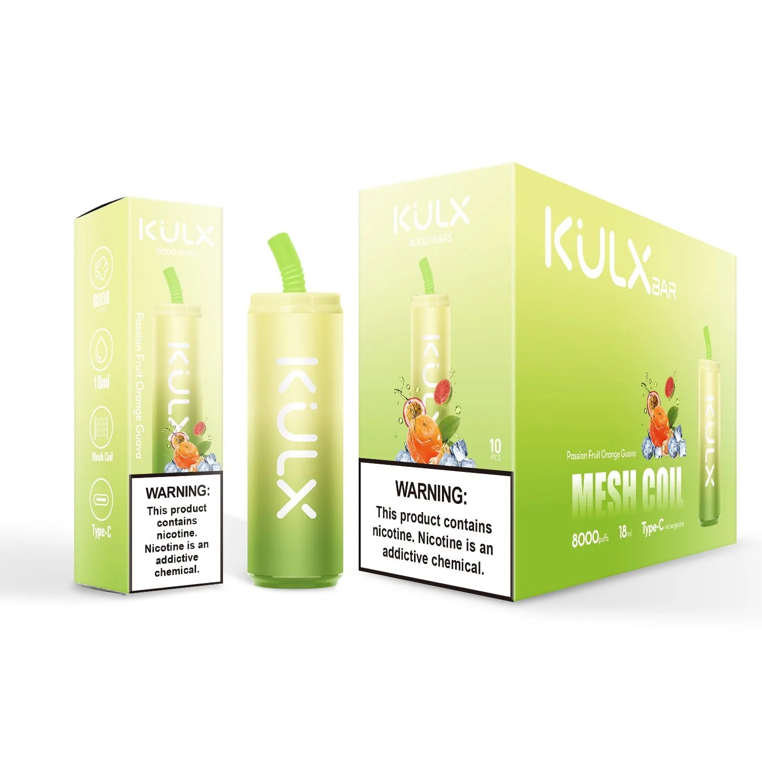 Green KULX Bar packaging for a disposable vape with 8000 puffs, mesh coil, Type-C charging, and Passion Fruit Orange Guava flavor, featuring a nicotine warning label.
