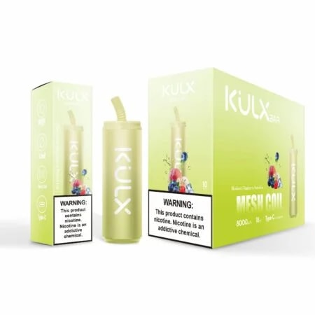 En gul engångsapparat med märket "KULX" visas bredvid förpackningen, med smaken "Blueberry Raspberry Peach Ice" och detaljer som "8000 puffs" och "Mesh Coil", med en varningsetikett för nikotin.