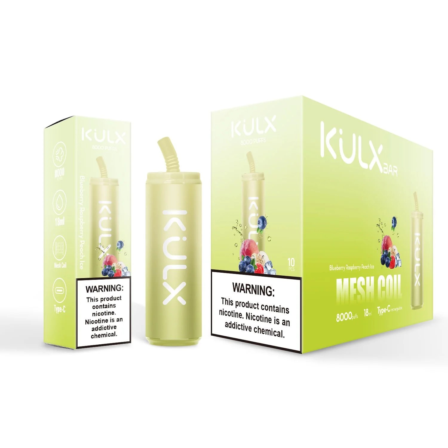 A yellow disposable vape device with the brand "KULX" displayed alongside its packaging, featuring the flavor "Blueberry Raspberry Peach Ice" and details such as "8000 puffs" and "Mesh Coil," with a nicotine warning label.