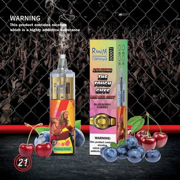 Un dispositif de vaporisation jetable et un emballage étiqueté "RandM Tornado 10000, Blueberry Cherry", avec un design coloré représentant un personnage musclé, des cerises et des myrtilles, sur fond de foule, avec un avertissement sur la nicotine.
