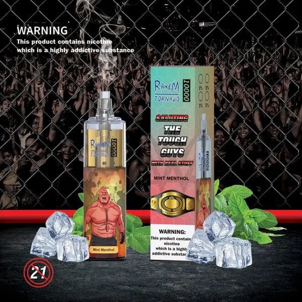 R and M Tornado est une vape jetable à l'arôme Menthol Menthe, 10000 bouffées, un emballage audacieux sur le thème de la boxe, avec des glaçons, des feuilles de menthe, un avertissement sur la nicotine, et une foule en arrière-plan.