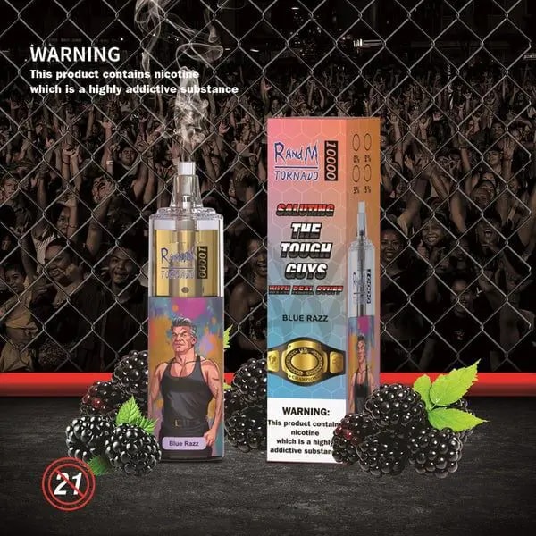 Un dispositif de vaporisation jetable et son emballage étiqueté "RandM Tornado 10000, Blue Razz", présentant un design coloré avec un personnage musclé, des mûres et un arrière-plan de foule, accompagné d'un avertissement sur la nicotine.
