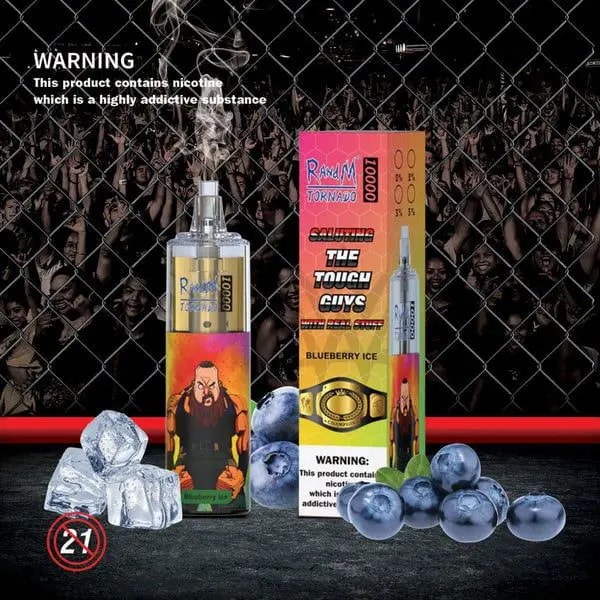 Une vape jetable étiquetée "Rawlm Tornado 10000", proposant un arôme "Blueberry Ice", avec un personnage musclé, entouré de myrtilles, de glaçons et d'une foule en arrière-plan ; comprend un avertissement sur la nicotine.