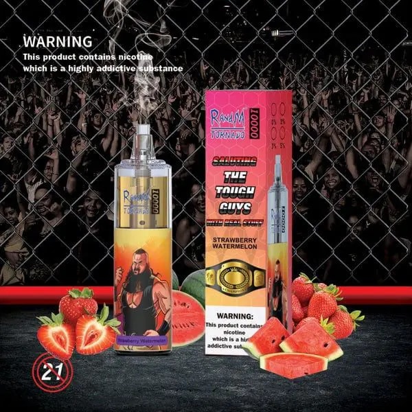 Dispositif de vaporisation et emballage de l'arôme "Strawberry Watermelon", avec une illustration d'homme musclé, des graphiques de fruits et un avertissement sur la dépendance à la nicotine.