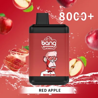 Red apple-flavored disposable vape device with "Bang King" branding, featuring 8000+ puffs and a graphic of a cartoon monkey in a suit on a red background.