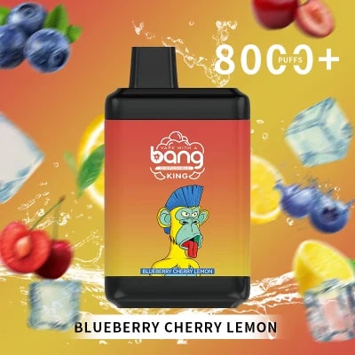 A disposable vape device labeled "Bang King" with a flavor description "Blueberry Cherry Lemon," featuring vibrant imagery of fruits and ice cubes, and a note of "8000+ puffs."