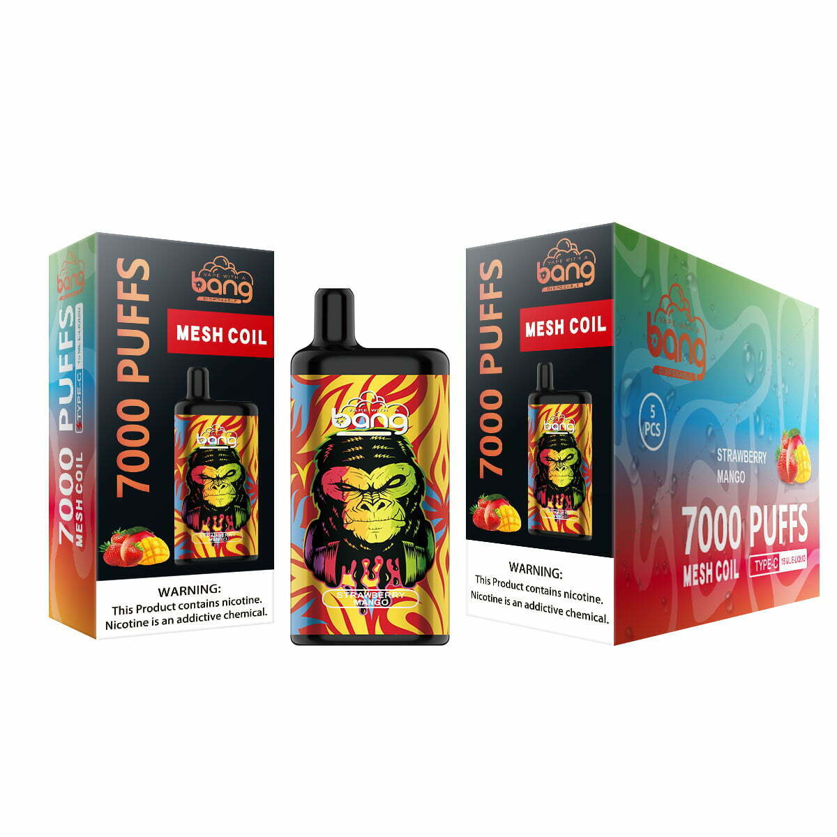 Bang disposable vape device with 7000 puffs, mesh coil technology, strawberry mango flavor, vibrant gorilla-themed design, and packaging displaying nicotine warning labels.