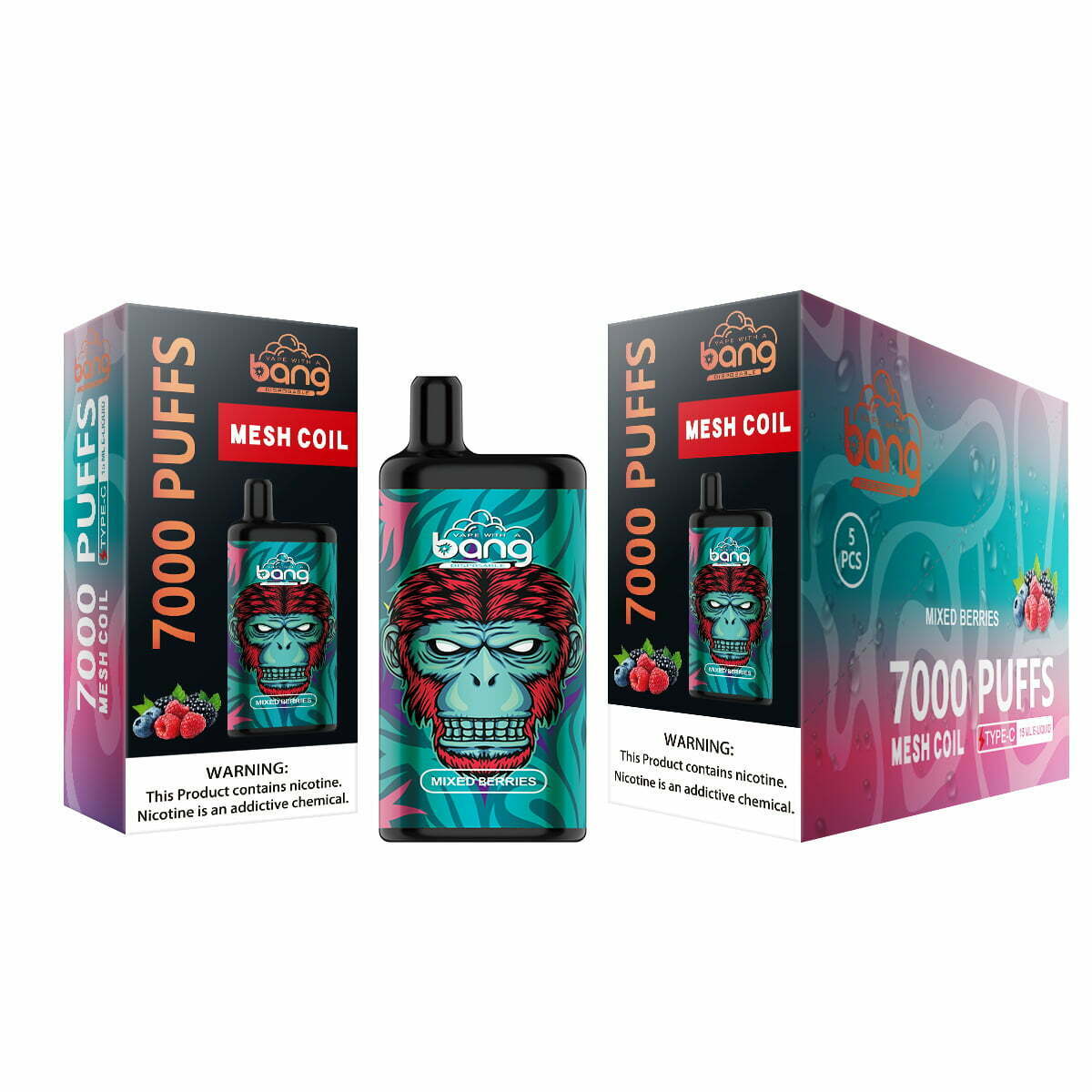 A disposable vape device labeled "Bang," featuring 7000 puffs, mesh coil technology, and a mixed berries flavor, with packaging displaying a stylized gorilla design.