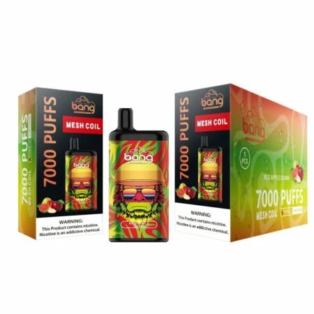 Einweg-Vape-Verpackung und -Gerät mit "Red Apple Guava"-Geschmack, 7000 Zügen, Mesh-Coil-Technologie und einer Warnung, dass Nikotin eine süchtig machende Chemikalie ist.
