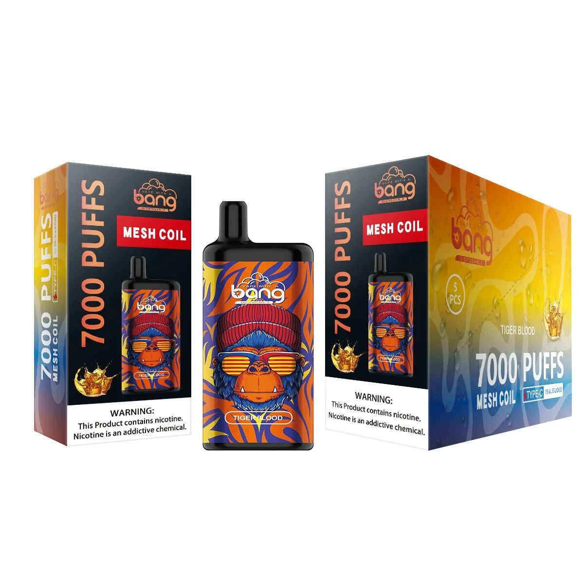 A disposable vape device and packaging labeled "Bang Tiger Blood" with "7000 puffs" and "Mesh Coil," featuring a stylized monkey illustration wearing sunglasses and a warning about nicotine.