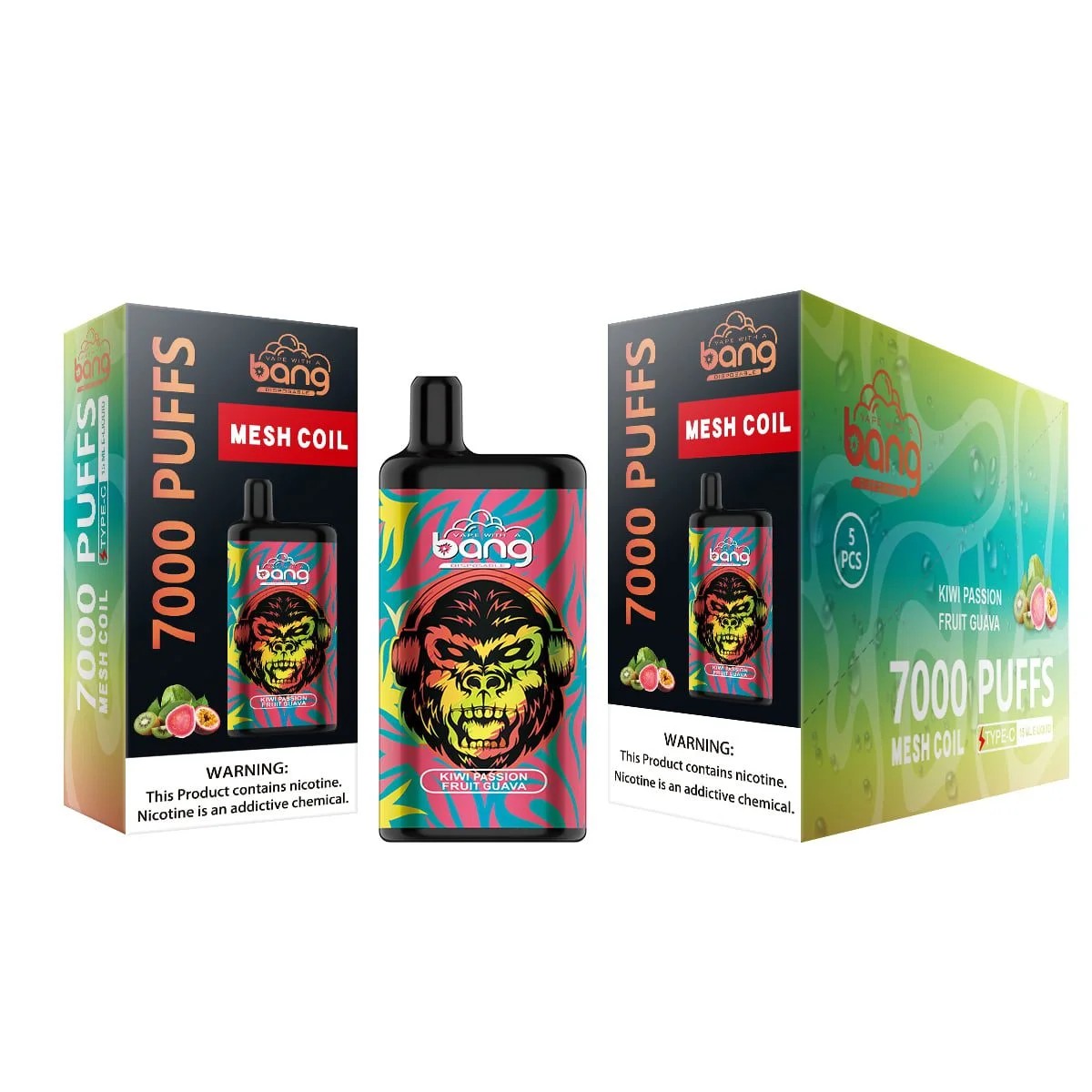 "Bang 7000 Puffs disposable vape packaging featuring a vibrant design with a gorilla wearing headphones and flavor labeled as Kiwi Passion Fruit Guava."