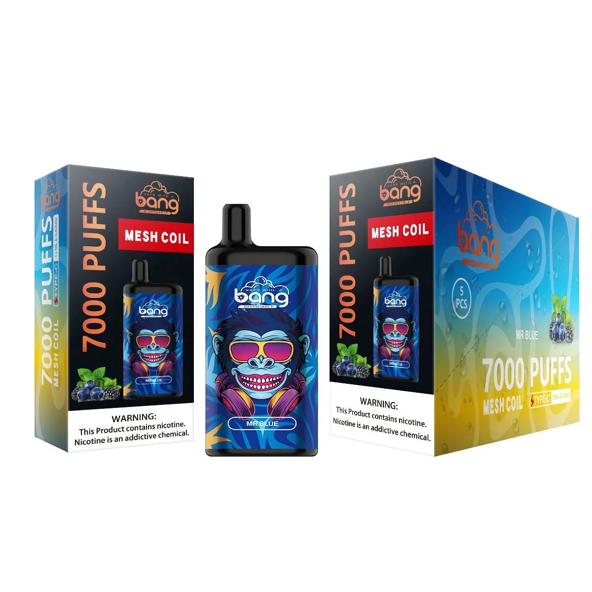 Bang vape product packaging featuring "Mr. Blue" flavor with 7000 puffs, mesh coil technology, and a vibrant design of a monkey wearing sunglasses and headphones, accompanied by a nicotine warning label.