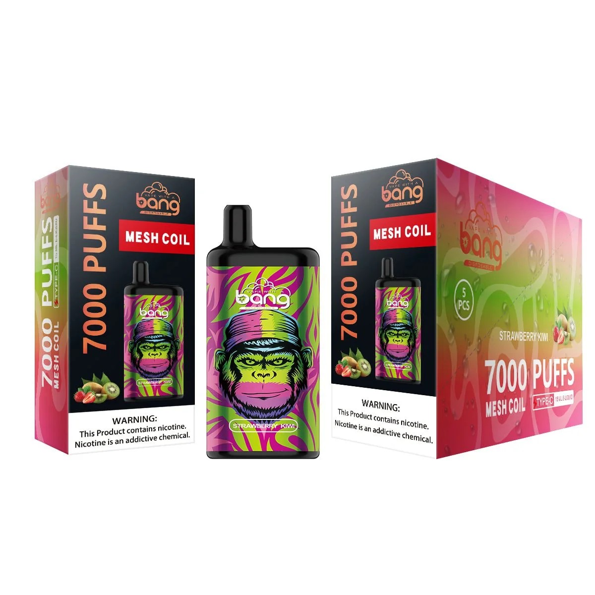A colorful vape device with a gorilla design, labeled "Bang 7000 Puffs Strawberry Kiwi Mesh Coil," displayed alongside its packaging featuring the same design and flavor.