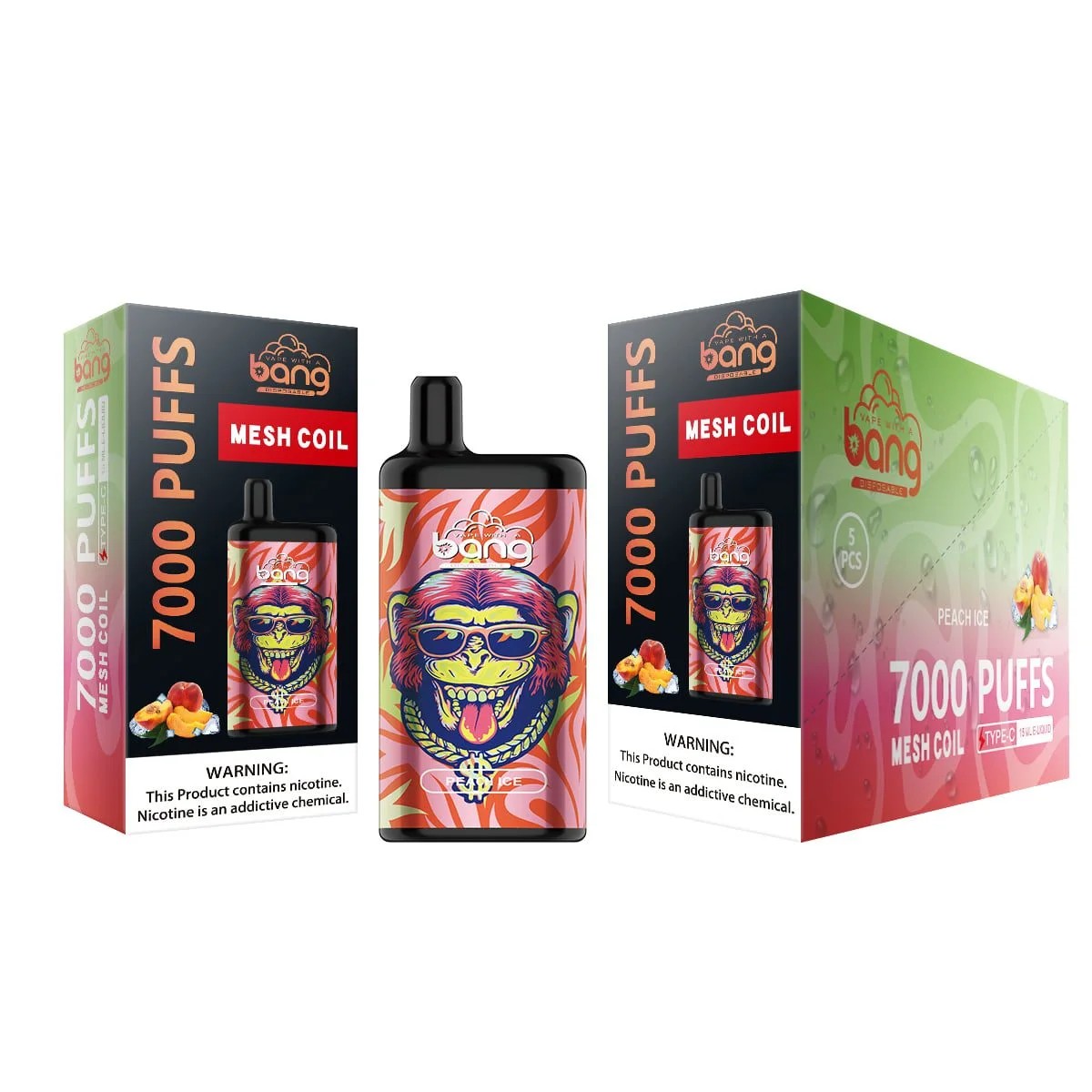 A disposable vape device labeled "Bang," featuring 7000 puffs, mesh coil technology, and a peach ice flavor, with packaging displaying a stylized gorilla design wearing sunglasses.