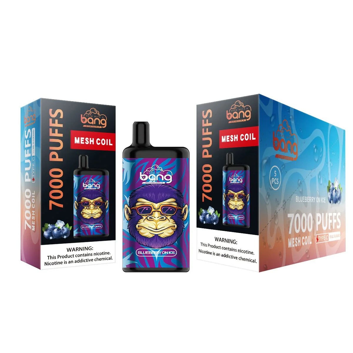 Bang disposable vape packaging and device featuring "Blueberry on Ice" flavor, 7000 puffs, mesh coil technology, and a warning about nicotine being an addictive chemical.