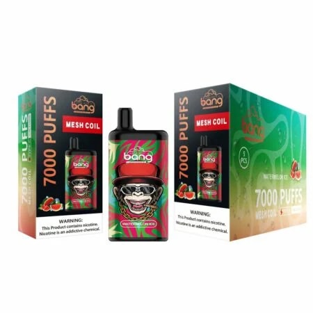 Einweg-Vaporizer mit Wassermelonen-Eis-Geschmack, "Bang"-Schriftzug, 7000 Puffs, Mesh-Spule und einer Grafik eines Cartoon-Affen mit Sonnenbrille und rotem Hut, der mit seiner Verpackung abgebildet ist.