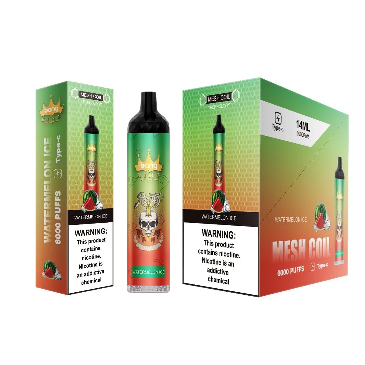 A vape device labeled "Bang King Watermelon Ice" with 6000 puffs and mesh coil technology, featuring a green-to-red gradient design, a skull graphic, watermelon imagery, and product packaging.