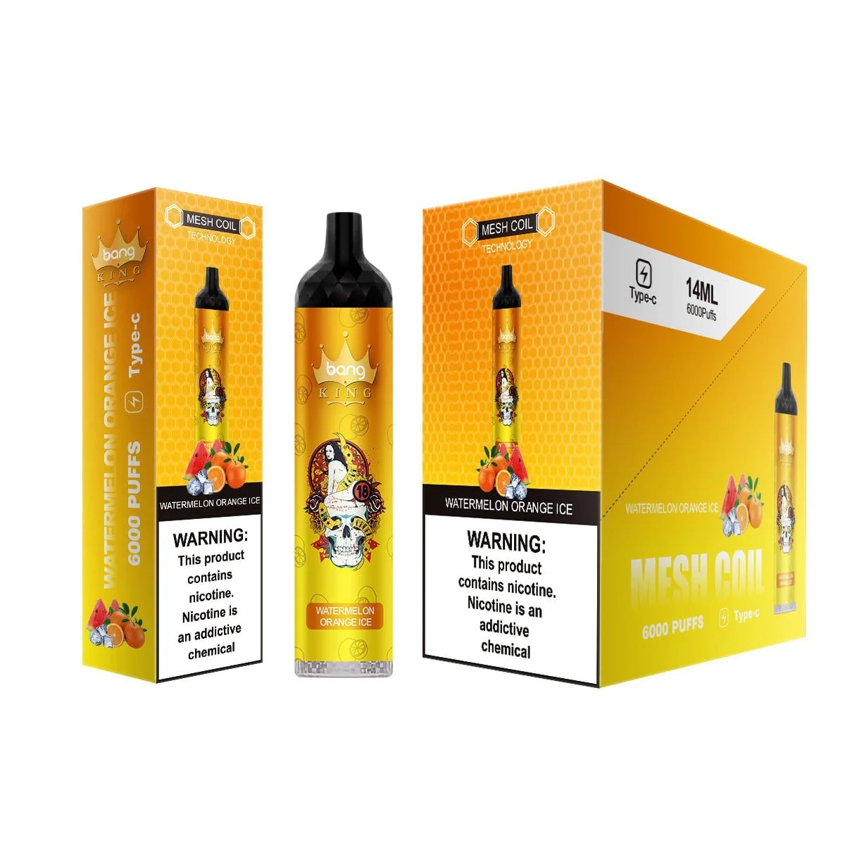 A yellow watermelon orange ice flavored vape device with 6000 puffs, mesh coil technology, Type-C charging, and bold warning labels, displayed with matching packaging featuring fruit illustrations.