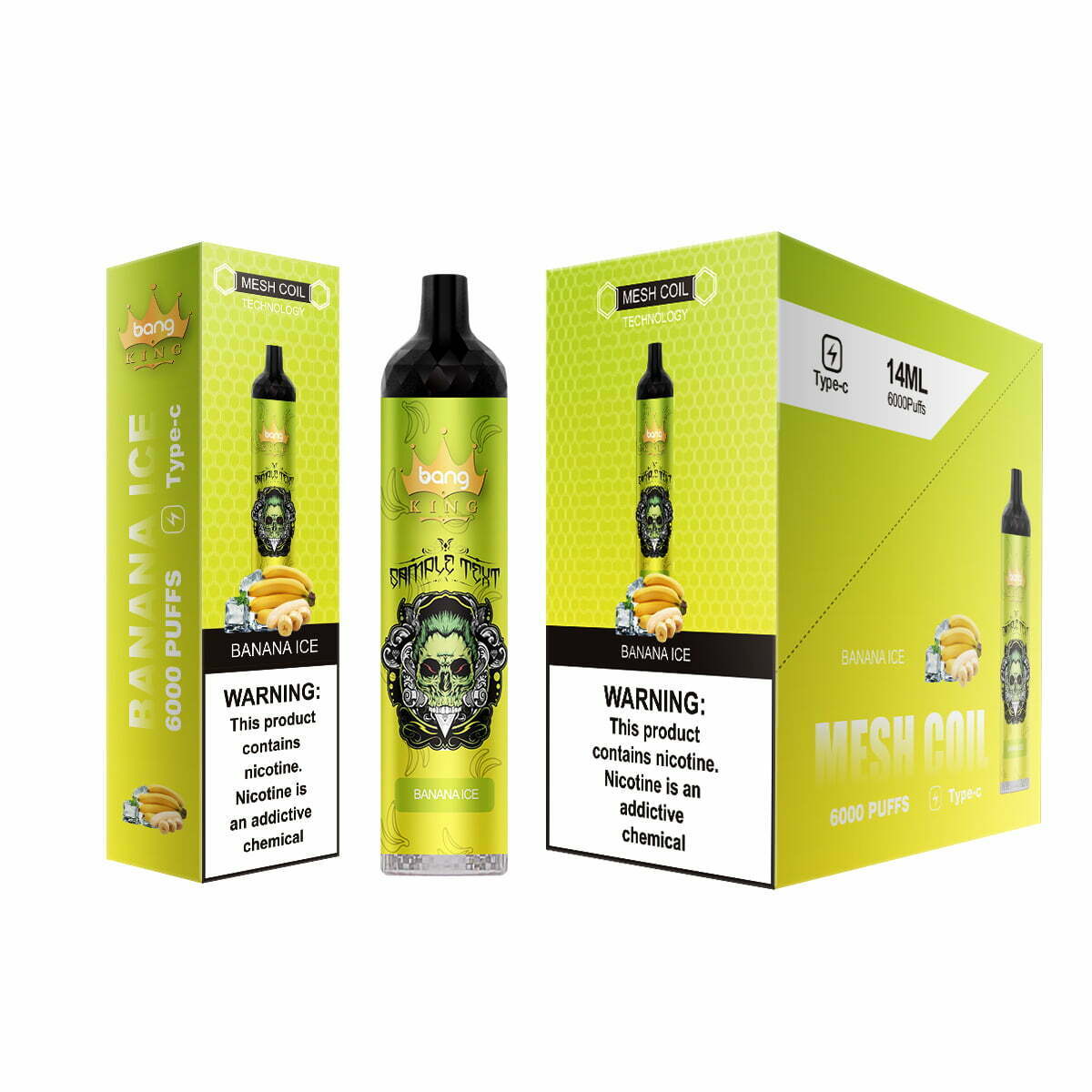 Banana Ice flavored disposable vape with 6000 puffs, 14ml capacity, mesh coil technology, and Type-C charging, displayed alongside its packaging.