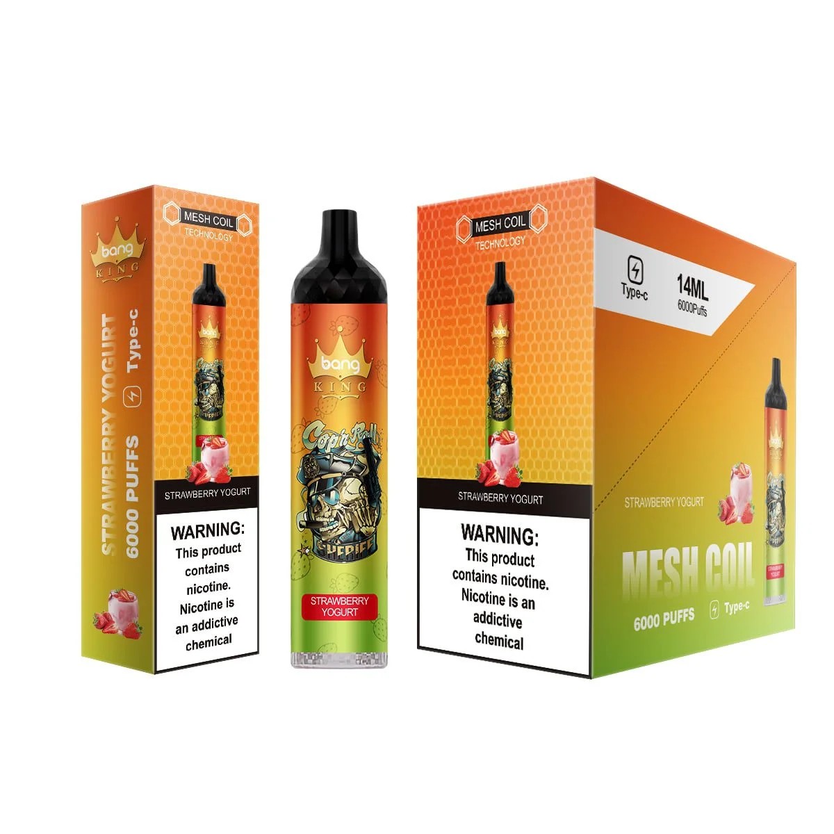 Bang King disposable vape in Strawberry Yogurt flavor, featuring 6000 puffs, 14ml capacity, mesh coil technology, and Type-C charging, displayed with vibrant packaging and a graphic design.