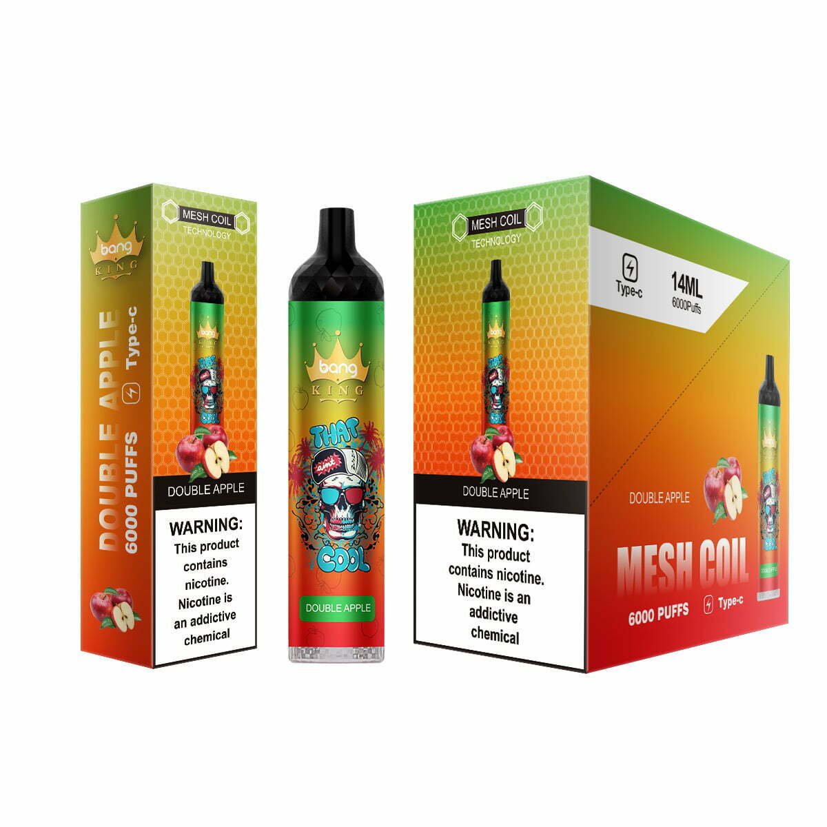 A Bang King disposable vape labeled "Double Apple" with 6000 puffs and mesh coil technology, displayed with its packaging featuring vibrant graphics and a Type-C charging icon.