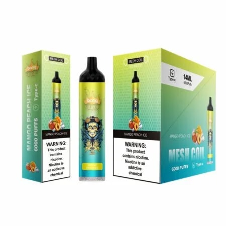 A vape device labeled "Bang King Mango Peach Ice" with 6000 puffs and mesh coil technology, featuring a yellow-to-green gradient design, a skull wearing sunglasses, mango and peach imagery, and product packaging.