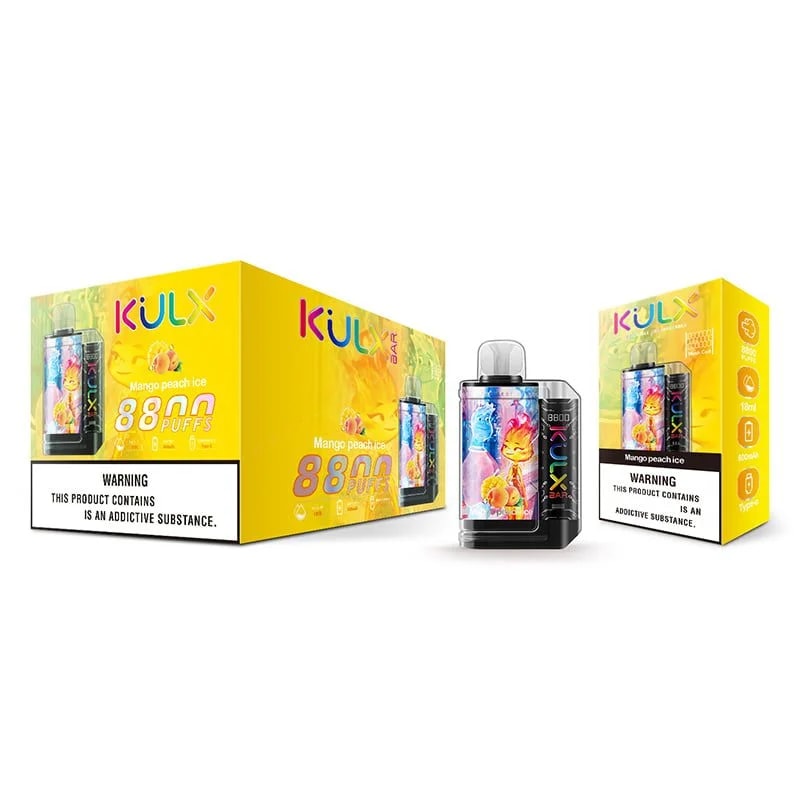 An electronic vape device and its packaging, labeled "Kiulx Mango Peach Ice," featuring vibrant graphics, indicating it has 88mm puffs. The packaging includes a warning about addictive substances.