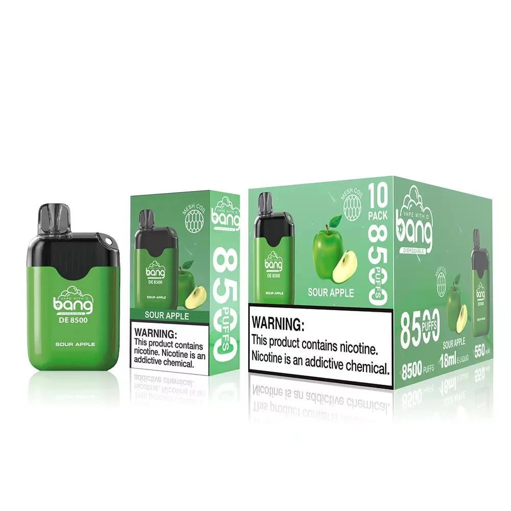 Vape jetable Bang DE 8500 au goût de pomme aigre, avec 8 500 bouffées, une capacité de 18 ml, une technologie de bobine en maille et un emballage à thème vert avec des graphismes de pomme.