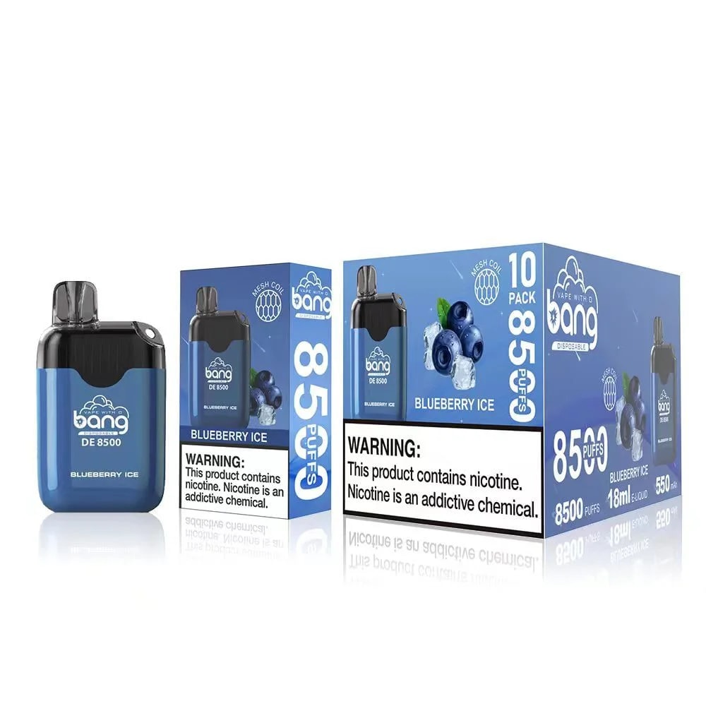 Emballage de vape jetable aromatisé à la glace aux bleuets, affichant la marque « Bang DE 8500 » avec 8 500 bouffées et un avertissement sur la nicotine.
