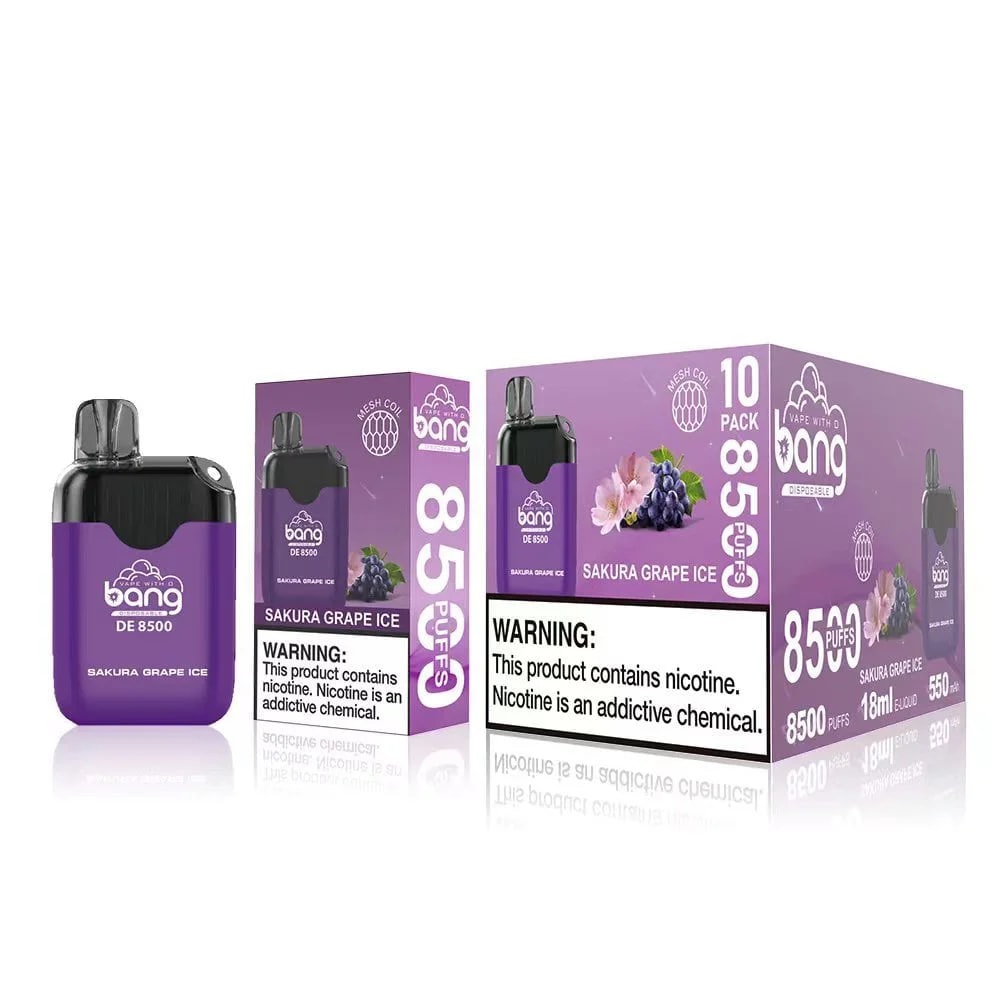 Emballage violet et appareil pour vape jetable Bang DE 8500 au goût Sakura Grape Ice, comprenant 8 500 bouffées et des avertissements sur la dépendance à la nicotine.