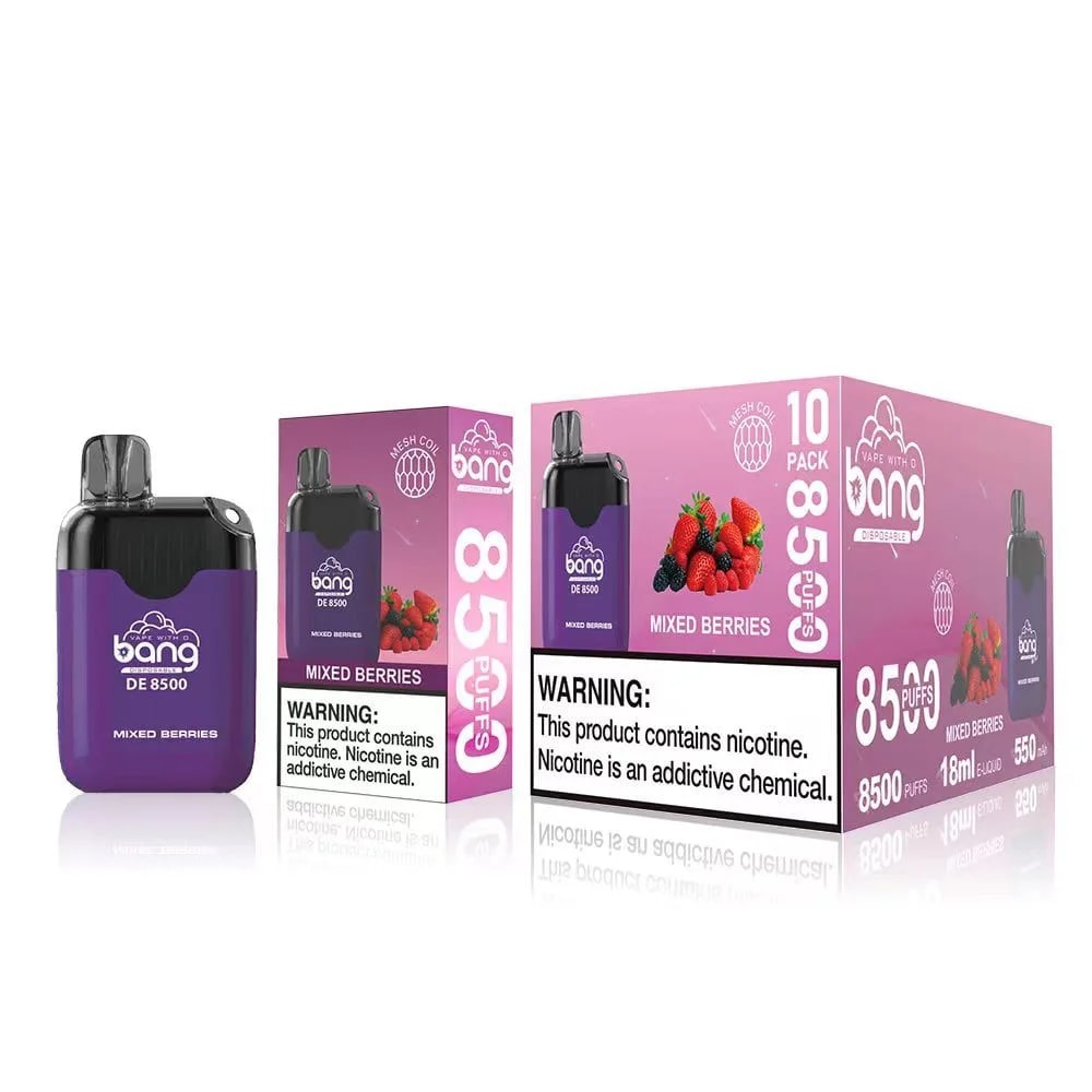 Vape jetable Bang DE 8500 au goût de baies mélangées, montrant l'appareil, la boîte individuelle et l'emballage de 10 paquets avec « 8500 bouffées » et une étiquette d'avertissement de nicotine.