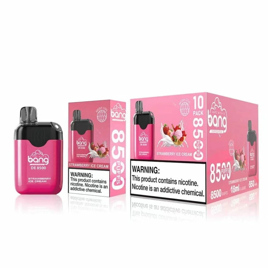 Emballage de vape jetable rose présentant le modèle « Bang DE 8500 » avec la saveur « Strawberry Ice Cream », l'étiquette 8500 bouffées et l'avertissement de nicotine.